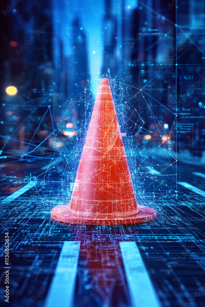Poster a digital traffic cone icon with real-time city planning data surrounding it, symbolizing smart infr