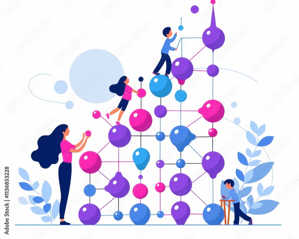 Poster a diverse team collaboratively building a colorful abstract structure, symbolizing creativity and te