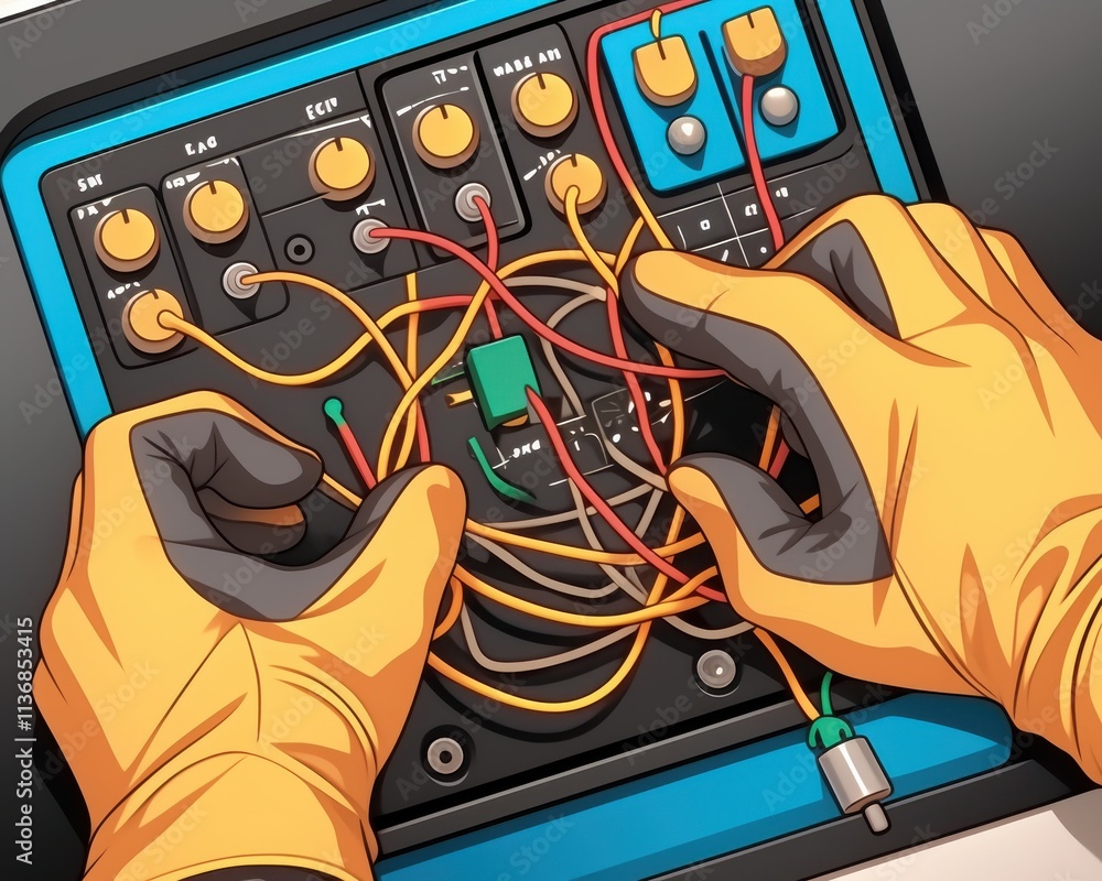 Aufkleber close-up of a technician's hands in yellow gloves working with complex wires and controls, focusing 
