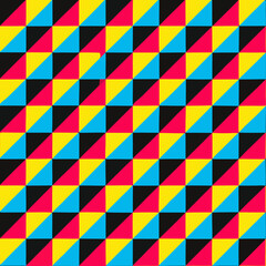 Vibrant geometric triangle pattern with bold colors of red, yellow, blue, and black