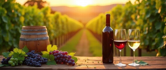 A scenic vineyard sunset with a rustic wooden table in the foreground, showcasing two wine bottles and glasses filled with red and white wine