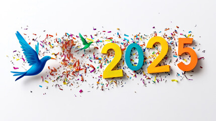 Fototapeta premium Colorful 2025 New Year's Celebration - New year, hope, freedom, celebration, future. Birds fly into colorful confetti, symbolizing a fresh start.