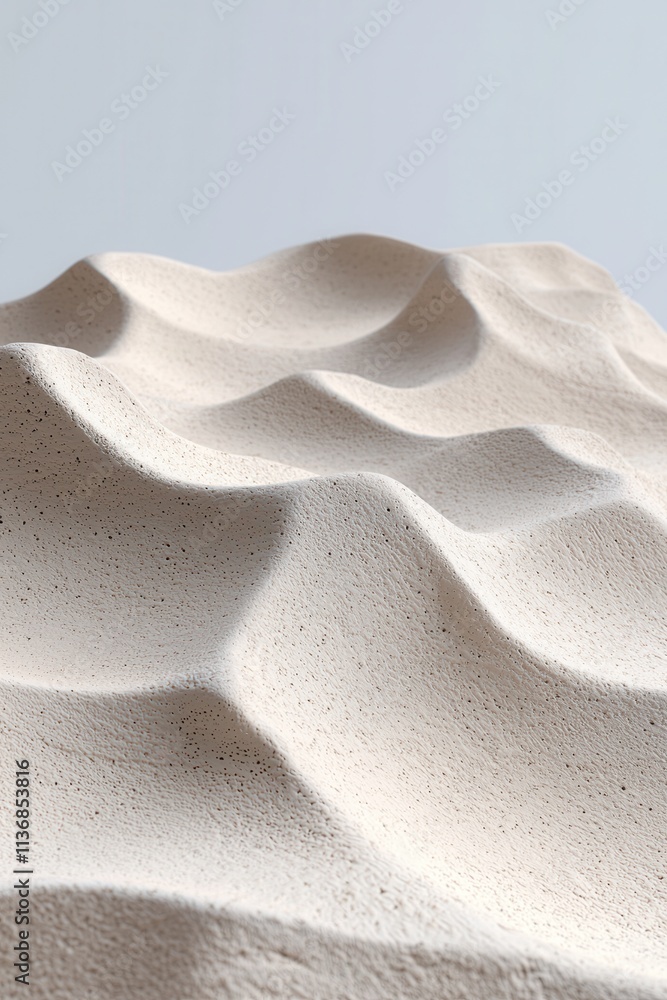 Poster close-up of textured sand-like surface with soft, flowing curves and subtle shadows, creating a sere