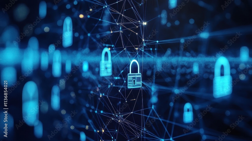 Poster digital locks on network nodes indicating cybersecurity in a virtual technological landscape