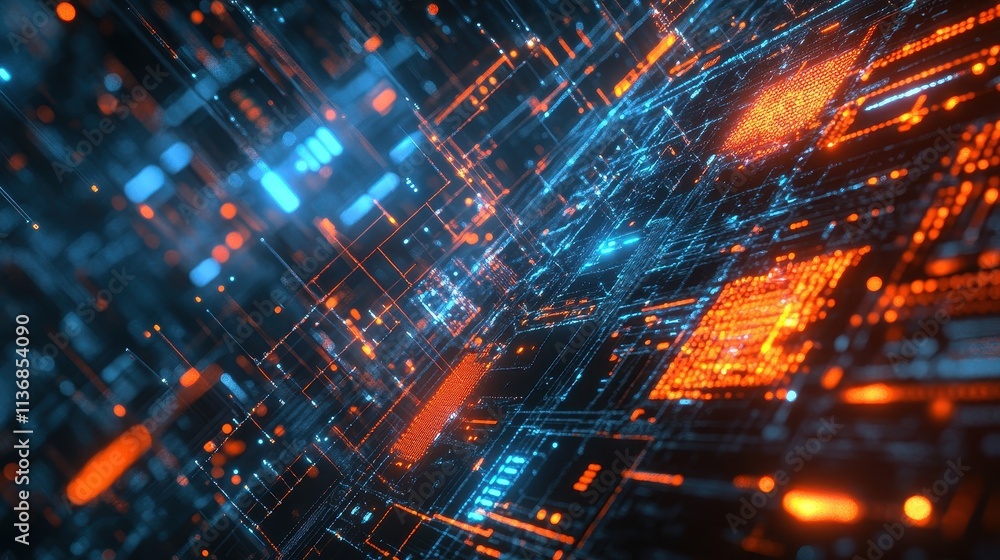 Poster futuristic cyber grid with neon lights and digital patterns in energetic virtual environment