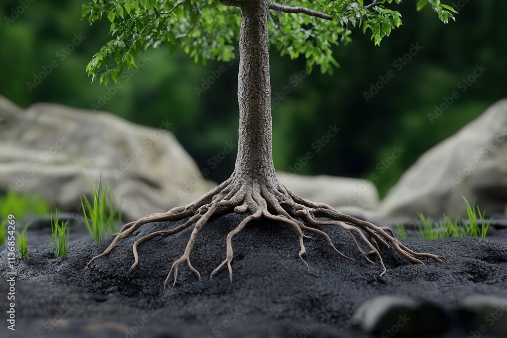 Poster a close-up of a tree with intricate roots emerging from dark soil, surrounded by small grass sprouts