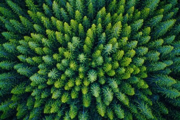 A bird's-eye view dense green forest with trees capturing CO2--an aerial perspective that highlights the role forests in achieving carbon neutrality and promoting net-zero emissions.