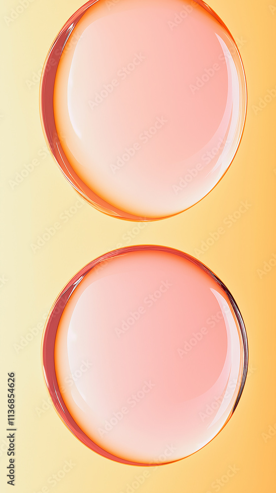 Poster minimalist abstract composition featuring two pink spheres floating on a gradient yellow background
