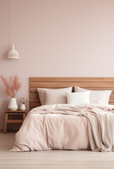 Modern and cosy badroom with big bad, night table and flowers in a vase. 