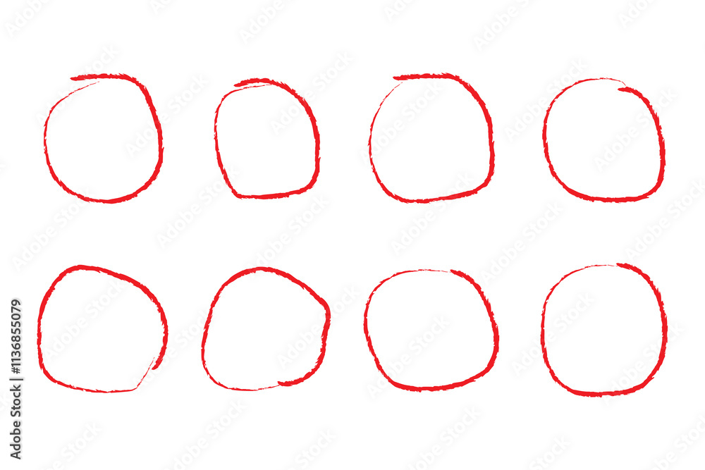 Poster set of hand drawn red circles and ovals. highlight circle frames. ellipses in doodle style. vector i