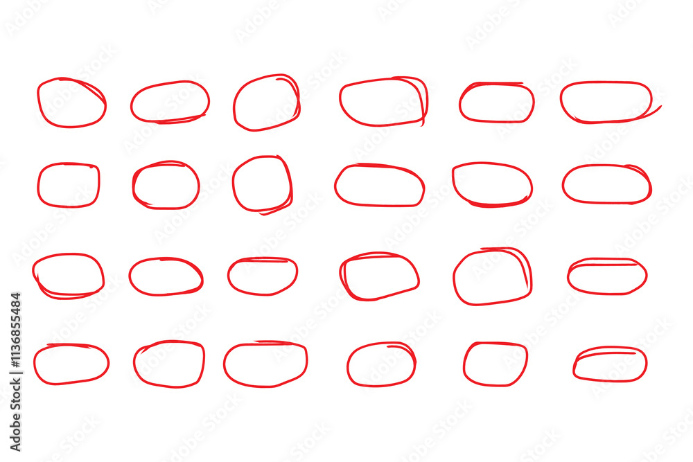 Poster set of hand drawn red doodle ellipses. bright red scribble ovals and bubbles to circle and highlight