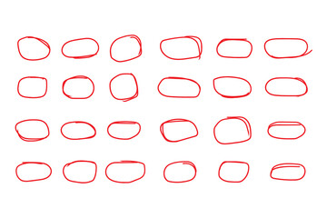 Set of hand drawn red doodle ellipses. Bright red scribble ovals and bubbles to circle and highlight text. Collection of different brush drawn black circles. Marker round elements isolated on white