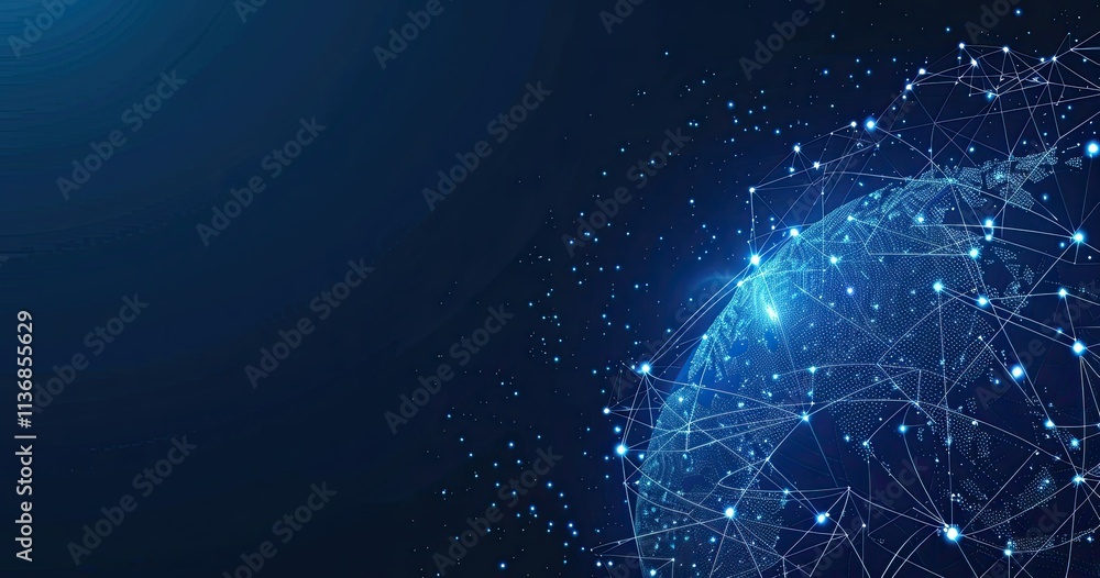 Poster a digital globe connected by lines and dots, symbolizing global networks and technology.