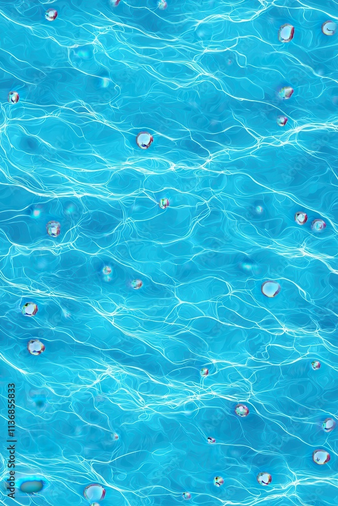 Poster a serene, shimmering blue water surface with soft ripples and floating droplets, creating a tranquil