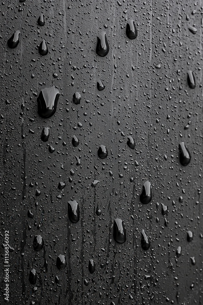 Poster close-up of water droplets on a textured dark surface, creating a moody and artistic effect.