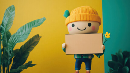 Cheerful Character Holding Blank Board Surrounded by Tropical Plants on Bright Yellow and Green Background, Perfect for Creative Projects and Advertising Campaigns