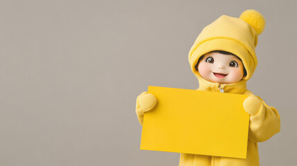 Happy child in bright yellow winter attire holding an empty yellow card against a light gray background, expressing joy and inviting creativity in a playful atmosphere.