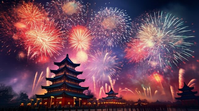 Colorful fireworks over traditional Asian pagoda. Festive night sky with vibrant pyrotechnics. Chinese New Year celebration. Cultural landmark illuminated for holiday event.