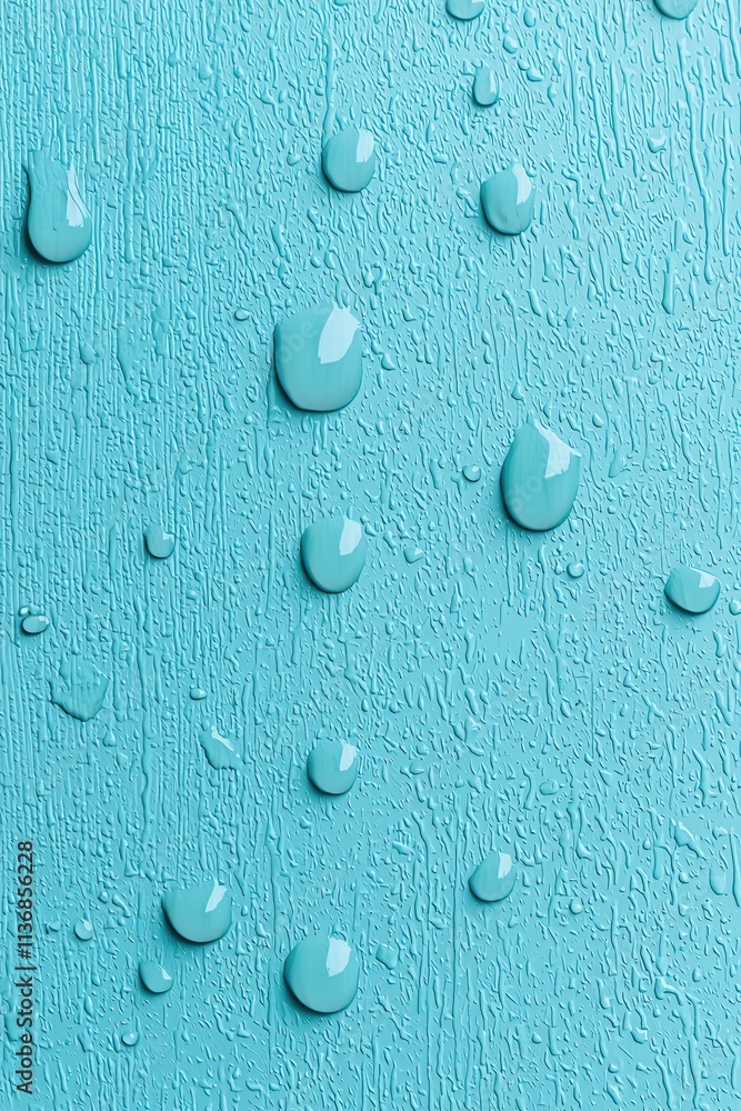 Poster a close-up view of turquoise blue droplets of water on a textured surface, creating a refreshing and