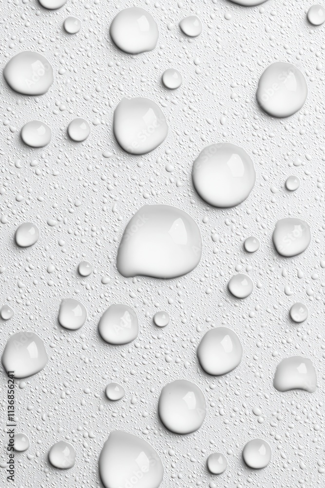 Poster close-up of droplets on a smooth white surface, creating a serene and refreshing mood.