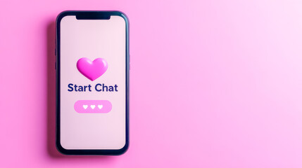 Smartphone showing start chat button with pink heart on dating app screen