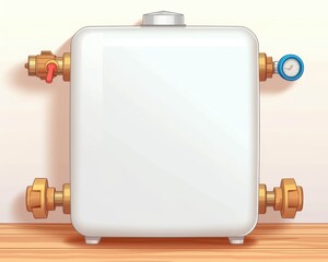 Obraz premium A clean, modern water heater with brass fittings and a pressure gauge, set against a light wall and wooden floor.