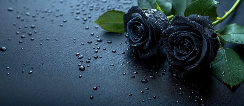 Cremation funeral services advertisement featuring black roses and water drops on a dark background, mourning card mockup, mock up, template, empty, for text, place, copyspace, copy space