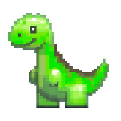 Fototapeta premium Green pixel art dinosaur standing on transparent background
