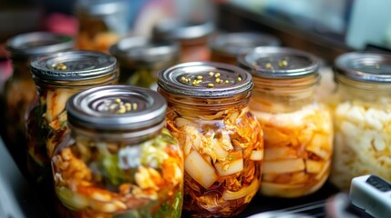 Delicious Jars of Homemade Kimchi in Vibrant Colors at a Market Stall