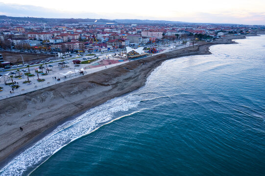 Karasu District in Sakarya, Turkey. Sunset landscape of Karasu. Aerial shooting with drone.