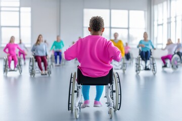 A young Black girl in a pink shirt participates in a wheelchair dance class, surrounded by other dancers in a bright studio.