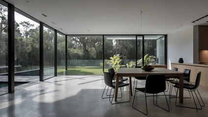 Fototapeta premium Modern dining area with a wooden table, black chairs, and large windows overlooking a green outdoor space.