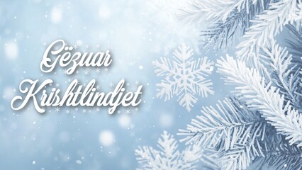 Sophisticated Christmas Background with Silver Elements and Elegant "Gëzuar Krishtlindjet" Greeting in Albanian