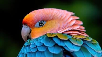 Obraz premium A vibrant close-up shot of a tropical parrot showcases its stunning colors, emphasizing the beauty and diversity found in nature's avian species.