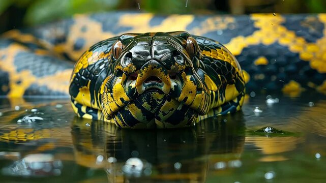 Anaconda in the water in the jungle. Selective focus. Nature.