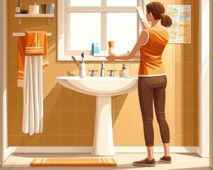 A young Caucasian woman organizes her toiletries in a cozy bathroom, enjoying a moment of self-care.