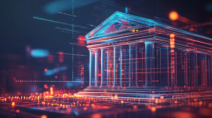A futuristic bank icon glowing with financial data, representing online finance platforms, real-time investment tools, and digital banking analytics. 