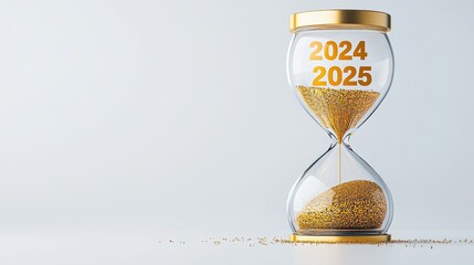 Countdown to the New Year 2024 2025 - An hourglass symbolizes the transition between 2024 and 2025, reflecting time, change, new beginnings, and the flow of moments.