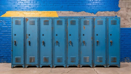 Blue lockers lined against a colorful brick wall in a modern space
