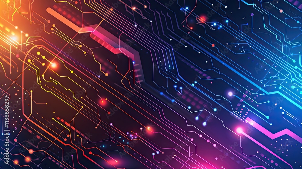 Poster abstract digital background with vibrant circuits and glowing lights.