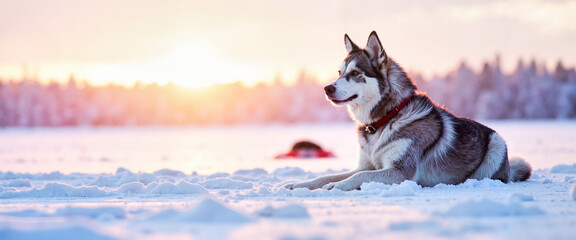 Majestic husky rests on snowy arctic landscape, winter adventure