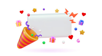 3d speech bubble with an empty space for text Special offer price sign Poppers with confetti Birthday greeting card