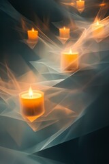 Escape into sanctuary of silence with flickering candles casting soft, ethereal light, creating meditative space perfect for relaxation, introspection, calmness, promoting peace, mental clarity.