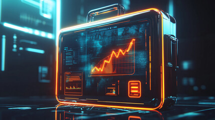 A futuristic briefcase icon glowing with business metrics, symbolizing online enterprise platforms, corporate tools, and business analytics. 