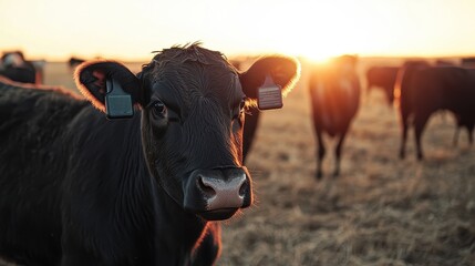 A Herd of Cattle Grazing in a Serene Sunset on a Rural Farm Landscape
