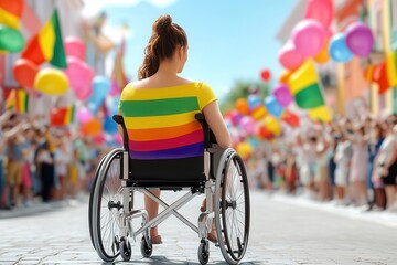 Obraz premium A young woman in a rainbow-striped shirt enjoys a vibrant parade from her wheelchair, surrounded by colorful balloons.