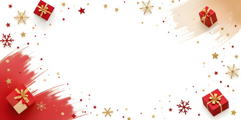 Merry Christmas illustration with red and gold gifts, stars and confetti on white background. Ideal for cards, invitations, banners and holiday marketing materials.