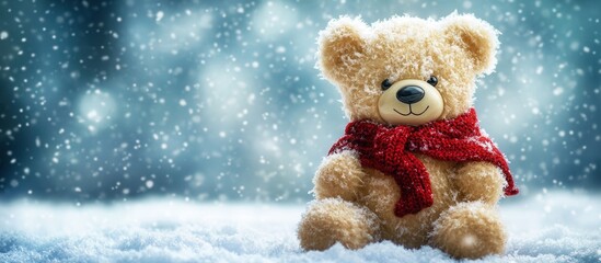 3D white cartoon teething ceramic toy with red scarf surrounded by falling snow in a winter wonderland setting