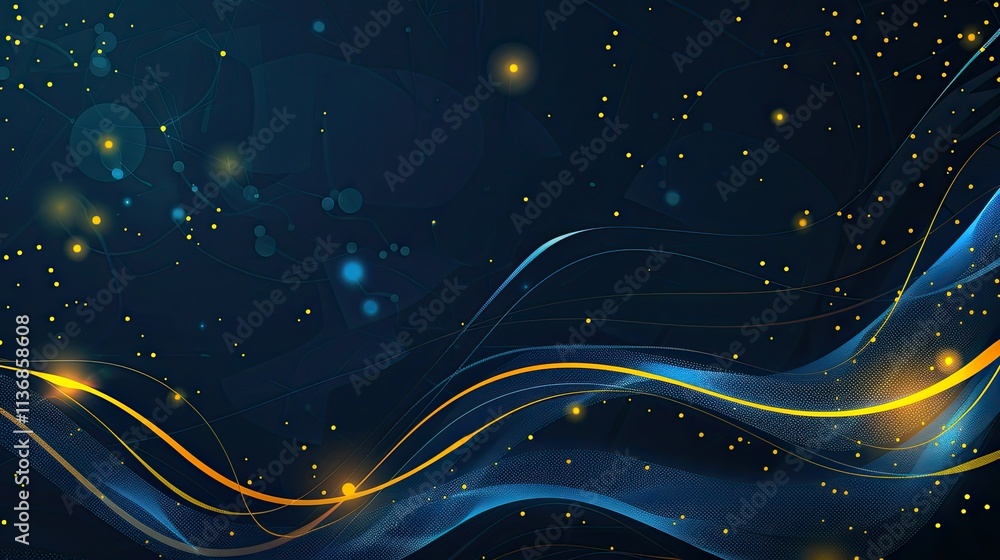 Aufkleber abstract design with flowing lines and glowing particles on a dark background.