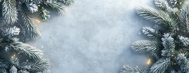 Decorative winter background with snow-covered fir tree branches and Christmas lights creating a festive atmosphere for holiday messages